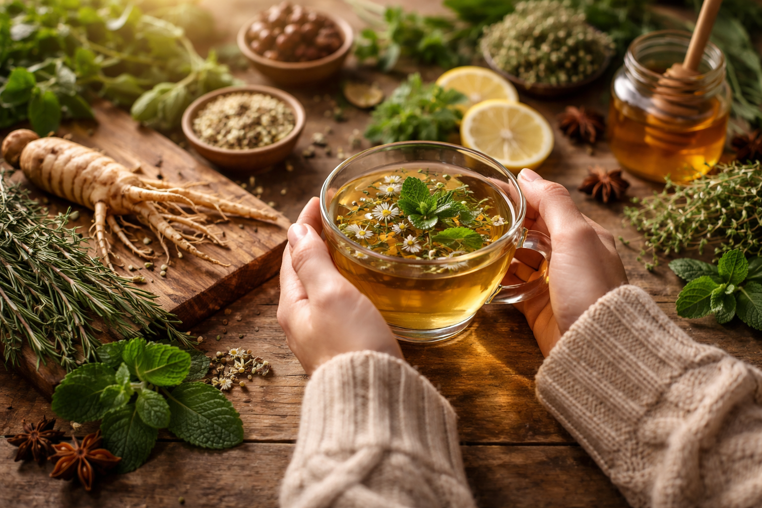 person holding a cup of herbal tea surrounded by natural ingredients like ginseng root and fresh herbs on a wooden table in natural lighting